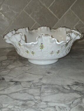 Vintage Fenton Spanish Lace Art Glass Bowl Milkglass White Silver Crest Violets